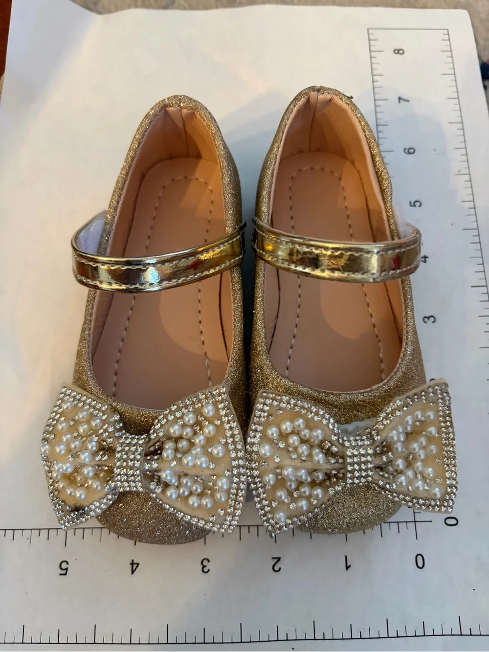 Girls Gold Pearl Bow Mary Jane Flats 5.5